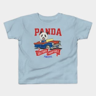 Funny and Cute Panda driving a vintage classic car to a parade with red white and blue flags Kids T-Shirt